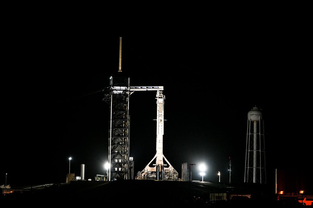 A SpaceX Falcon 9 rocket with the Crew Dragon Resilience capsule sits on Launch Complex 39A at Kennedy Space Center ahead of the Polaris Dawn Mission in Cape Canaveral, Florida, on August 28, 2024. (CHANDAN KHANNA/AFP via Getty Images)